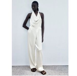 Zara, Satin Effect Elegant White Jumpsuit, Size Xs